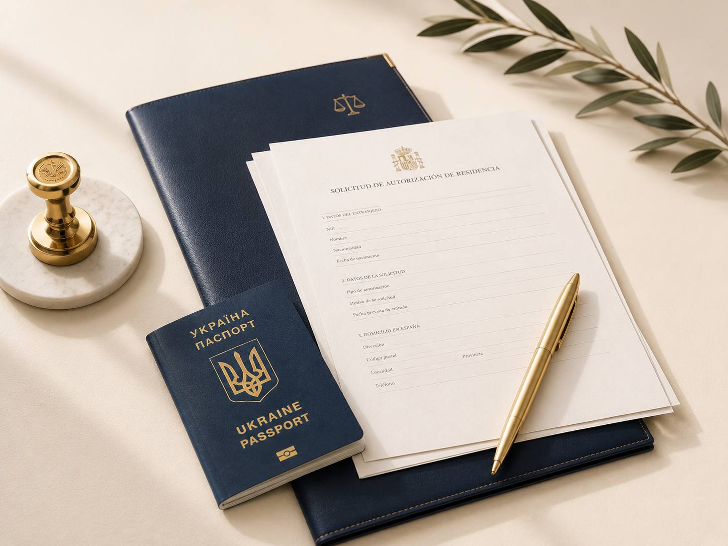 Documentos para residencia en España sobre escritorio elegante